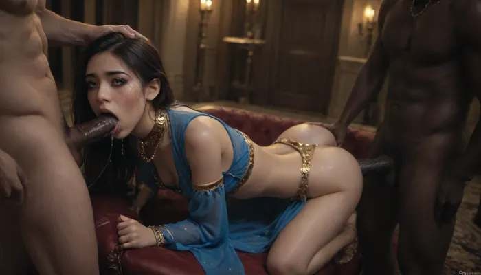 interracial, naked gigantic black man, black cock, (posh asian, gorgeous face, fit:1.4), (perfect eyes, mascara, moaning:1.4), skinny, pale skin, small breasts, long black hair, cum pouring from mouth, wet skin, (blue harem slave outfit, gold accessories:1.3), wet hair, (resisting, anal, fucked in the ass, gangbang, rough sex:1.2), she pushes him away, submissive looking up, grabbing head, luxurious palace room, throne, night, room view, tongue, out, ahegao, drool, <lora:dark:.5>, <lora:ahegao_sdxl_v4:.5>, <lora:Asian_Beauty XL:.8>
