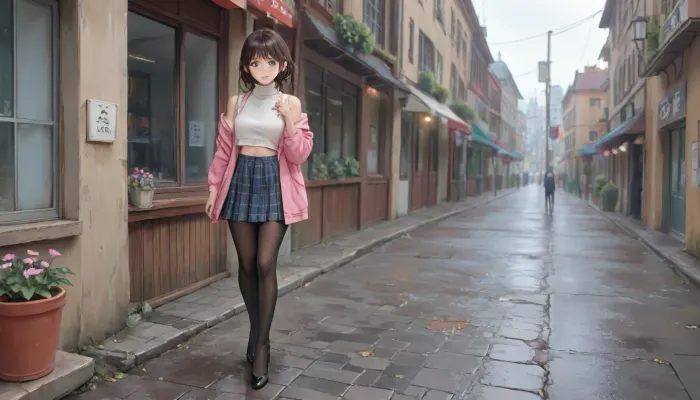 masterpiece, best quality, ultra detailed, 8k, anime style, beautiful anime girl, short dark brown hair with slight waves, large expressive blue eyes, subtle blush, looking at viewer, wearing white sleeveless turtleneck crop top, pink jacket draped over shoulders, blue plaid pleated mini skirt, sheer black pantyhose, black strappy high heels with ribbon bows, standing confidently in the middle of a wet European-style street during a light summer rain, wet reflective pavement with puddles and reflections, rain droplets visible in the air, sunny rainy day, bright blue sky with white clouds, warm sunlight mixed with rain, detailed background, quaint shops with signs, street lamps, flower pots, outdoor cafe tables, cobblestone-style street, wet surfaces with realistic reflections, full body view, dynamic pose, one hand near chest, wet skin and clothes with water droplets, glistening legs and hair from rain, soft cinematic lighting, depth of field, bokeh, highly detailed face and eyes, beautiful proportions, <lora:outline_xl_kohaku_delta_spv5x:1.3>, <lora:NEOTOKIOXL_0.2_RC:.7>, <lora:Ppolar-P3v1-NbVp10:.7>, <lora:cartoon_stickers_xl_v1:.5>