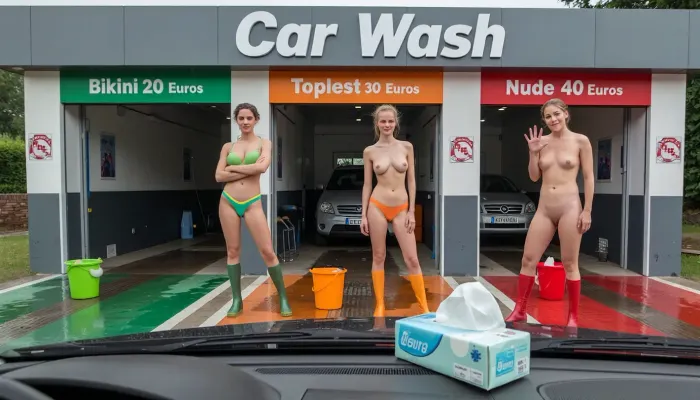 (POV from inside a car), (An opened pack of paper tissues can be seen on the car's dashboard), A young cashier in a summer dress leans into the driver's car. Approximately 10 meters in front of the car stand three car wash bays that resemble garages.
A lane marking is visible leading from each car wash bay toward the viewer, the left marking is green, the middle one is orange, and the right one is red.
Above the left opened car wash bay is a green sign reading "Bikini 20 Euros". in the car wash bay stands a small green plastic bucket, filled with water and a sponge.
Above the opened middle car wash bay is an orange sign reading "Topless 30 Euros". in the car wash bay stands a small orange plastic bucket, filled with water and a sponge.
Above the opened right car wash bay is a red sign reading "Nude 40 Euros". in the car wash bay stands a small red plastic bucket, filled with water and a sponge.
The floor in the individual car wash bays is wet.
Above the individual signs, there is a large grey sign spanning the entire width, bearing the inscription "Car Wash".
In front of the left car wash bay stands a beautyful girl in a green bikini, with tight panty and tight bra, she is wearing green rubber boots. The girl stands with her arms crossed and a polite smile.
In front of the middle car wash bay stands a beautyful girl in a skimpy orange panty, topless, she is wearing orange rubber boots. The girl placed her hands on her hips, seductive smile.
In front of the right car wash bay stands a beautyful totally nude girl, shaved pussy, she is wearing only red rubber boots. The girl waves the viewer closer invitingly, with a warm smile.