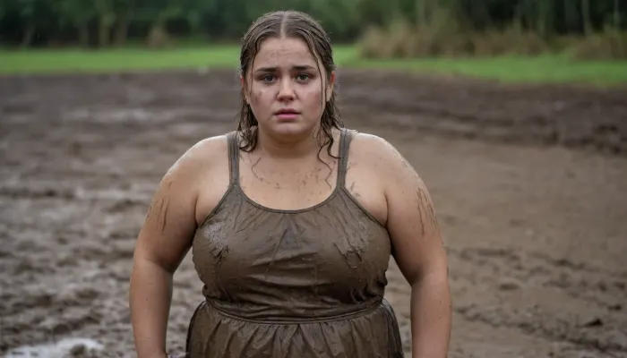 A young, overweight 18-year-old woman with a round face, standing in the mud, she is completely soaked by the rain and covered in mud, her rain-soaked hair is completely covered in mud, her face is completely covered in mud, she is wearing a golden, rain-soaked dress, which is covered in mud