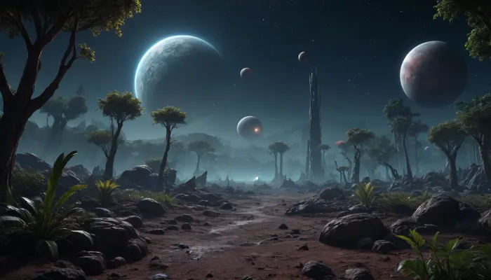by night, alien planet, alien jungle, some planets satelite visible in sky