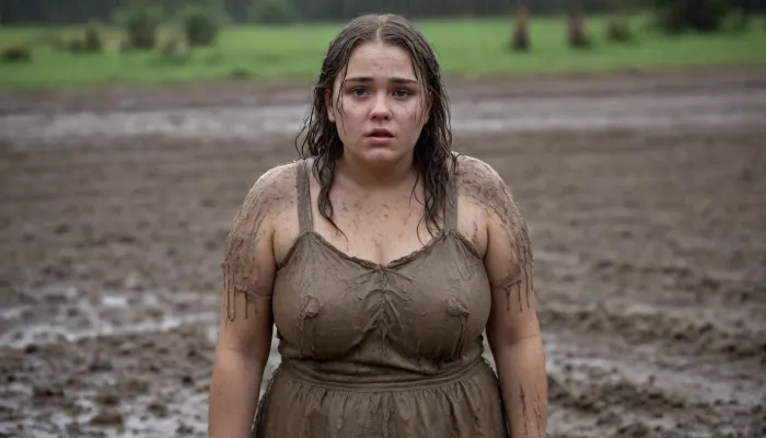 A young, overweight 18-year-old woman with a round face, standing in the mud, she is completely soaked by the rain and covered in mud, her rain-soaked hair is completely covered in mud, her face is completely covered in mud, she is wearing a golden, rain-soaked dress, which is covered in mud