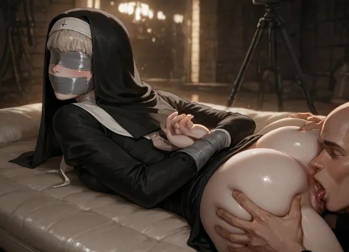(Realistic Reiq style:.5), (pale skin:1.2), in a dark basement on a mattress, (skinny woman), (lying prone:1.2), small tits, (nun outfit), (hands tied behind her back with duct tape), (the woman has duct tape gag over her mouth and eyes), BREAK, (old wild bald brutal man), tall, muscular white man, (((he is spreading her ass cheeks and licking her asshole:1.4))), (cunnilingus), illuminate, creating dramatic chiaroscuro effects, film studio lighting, aggressive, side view, ruined mascara, tripod camera