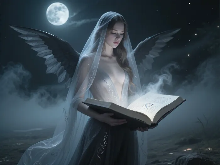 Create a porttrait of The Dark Angel, A tall, ethereal female spirit standing beneath a pale moon, her form partially transparent, soft light passing through her body and wings. She appears half‑real, half‑spirit, edges dissolving gently into thick mist. Long flowing hair drifting weightlessly, a faint inner glow beneath her skin, like moonlight trapped inside her. Her wings are translucent shadow, fading into the night air. She holds a large open book made of shadow‑light, its pages glowing faintly with runes, symbols and soft mist rising from the text. Her eyes reflect the glow of the book, faintly luminous. Her posture is calm and purposeful as she reads. The gown is made of thin, luminous fabric that becomes mist at the edges. A translucent shroud draped over her form, delicate as mist, faintly textured like fine silk or dew‑woven threads. The book beneath glows softly, its light diffusing upward through the veil, illuminating her face. The veil catches faint moonlight at its edges, revealing her silhouette but never her skin. The fabric darkens toward the hem, moon‑graphite tones. She stands with balanced, natural posture — relaxed shoulders, gentle torso twist, weight resting lightly on one leg, she appears to float, in a quiet, moonlit clearing surrounded by drifting fog, the environment subtly visible through her silhouette. Soft, spectral, serene, otherworldly.

cinematic lighting, soft diffusion, pale cool tones, moonlit glow, gentle rim‑light, atmospheric depth, delicate highlights, dreamlike realism, painterly detail, subtle motion in the mist

full‑body view, centred figure, soft focus background, faint light rays, drifting particles, calm posture, slight forward lean, wings spread softly

colour palette of moon‑grey, charcoal mist, desaturated blue‑black tones, no pure white, soft reflective highlights like moonlight on dark silk, translucent greys instead of bright whites, subtle cool undertones, luminous shadows rather than bright glow