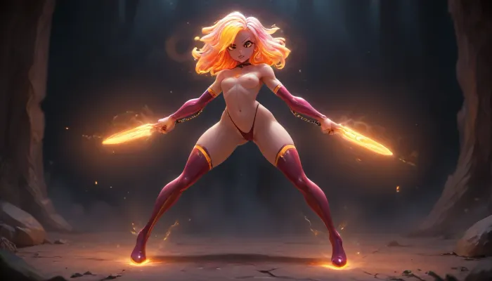 A gorgeous, slim, busty woman, (slut), fighting pose, small breasts, explicit, thick thighs, glowing, illuminated, neon, ultraviolet, iridescent, Full body portrait, slutty, arching back, (glowing orange neon hair:1.8), (glowing arm decoration), (glowing waist chain), glowing magic sigils on her skin, glowing eyes, (breast exposed:1), choker, high thong, thigh high boots, (athletic body:1.5), athletic legs, visible abs, nubile body, slim waist, flat chest, thick juicy ass, big gym girl ass, dynamic pose, standing, at night, Dim and surreal and low pink lighting, (DIM PINK LIGHT), brave, perspective, holding, sword, <lora:Animated_Concept:.9>, <lora:Samaritan 3d Cartoon SDXL:.6>, <lora:Neon_Ultraviolet_Glow-000011:1>, <lora:brave-perspective:1.3>