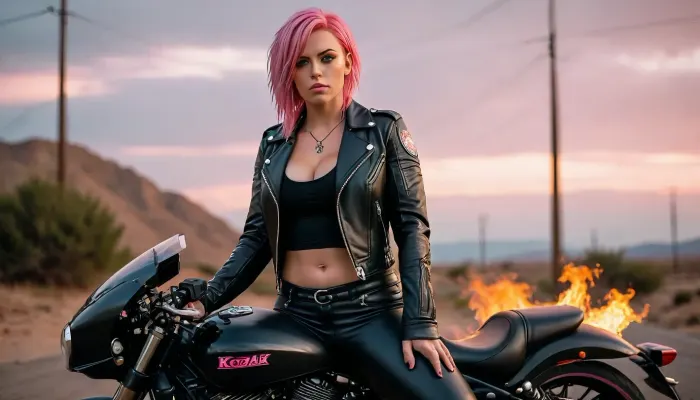 Butch pink-haired motorcycle rider, sexy, curvy, curvaceous, thick, thicc, large breasts, wide hips, masc, black leather pants, black leather jacket, pouty lips, pink hair, freckles, butch dyke, dike, uberfit, muscular, athletic, <lora:MJ52:.8>, <lora:add-detail-xl:.8>, <lora:uberfit_lora_sdxl:.3>