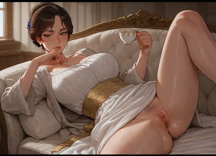 ((incase style)), (A graceful aristocratic lady with pearl jewelry and an elaborate updo lounges on a sofa in a victorian parlor. She wears a silk robe. The robe is ipen at the front. Her legs are spread, wet pussy with thick pussy lips), she is looking at the viewer with a haughty expression. She is holding a tea cup., score_8_up, score_7_up, score_6_up