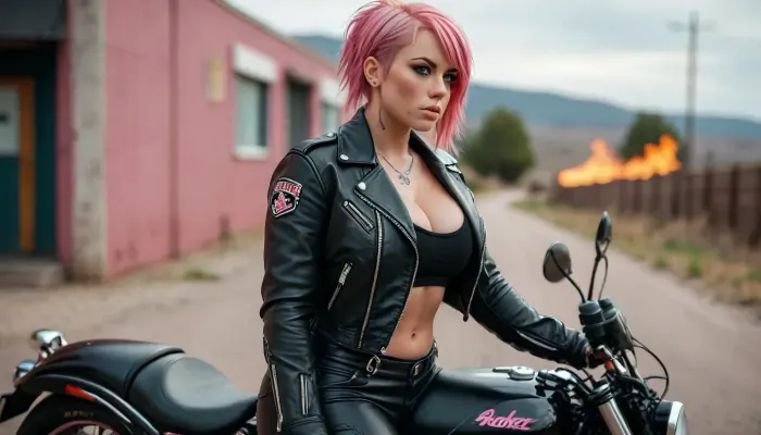 Butch pink-haired motorcycle rider, sexy, curvy, curvaceous, thick, thicc, large breasts, wide hips, masc, black leather pants, black leather jacket, pouty lips, pink hair, freckles, butch dyke, dike, uberfit, muscular, athletic, <lora:MJ52:.8>, <lora:add-detail-xl:.8>, <lora:uberfit_lora_sdxl:.3>