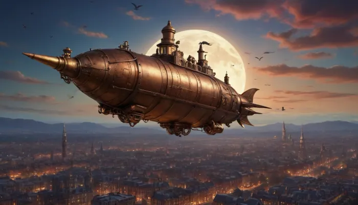 (steampunk entourage:1.7), a scene from a hand-drawn anime, (Masterpiece, best quality, high definition, ultra-detailed, highly detailed background), steampunk-style airship flying over the city in Victorian era style, evening, night, a moon in the sky, (view from long distance, view from afar:1.5), (bird's-eye view:1.6)