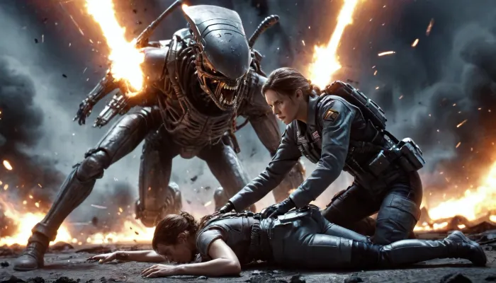 (Starship Troopers Movie Style), Female medic, tending to a wounded soldier, BREAK, futuristic battlefield, explosions, giant alien bugs, night, dynamic angle, photo-realistic, highly detailed, bf3, bf4, bf1, bfv, detailxl, <lora:BFXL:.8>