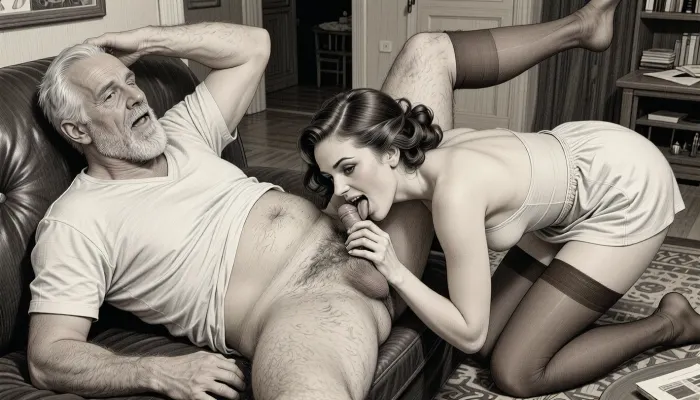 This is is a detailed monochromatic pencil drawing in a classical illustrative style depicts a scene set scrotum's licking by womam in 1950s, (obese bearded white haired older dilf lying on his back on the couch in the living room of a Soviet apartment receiving licking the dick by Beautiful sexy brown elegant hairstyle mother with hourglass figure Kneeling in front of him), POV, lustful smile, ((the older man's legs are raised and bent at the kneesd)), focused on hairy scrotum, milf woman is licking the older man's cock, (((Beautiful sexy brown elegant hairstyle mother with hourglass figure, (wide hips), wearing in summer dress and revealing brown stockings, the hem of the dress is pulled up))), (((((a woman's face in an old man's crotch)))), (the man one hand on woman's head), her ass up, ((a woman licking the older man's dick)), dimly lit, v neck t shirt pulled up above big hairy belly, ((((hairy scrotum:1.7)))), ((((scene licking the dick:1.5)), ((A woman sticks out her tongue and licks the dick of an older man:1.5)), (((show a woman's tongue on an old man's hairy scrotum:1.5))), .The overall mood is intense, rendered in fine, expressive line work and subtle shading, evoking the style of 1950s satirical or moralistic illustrations.)))