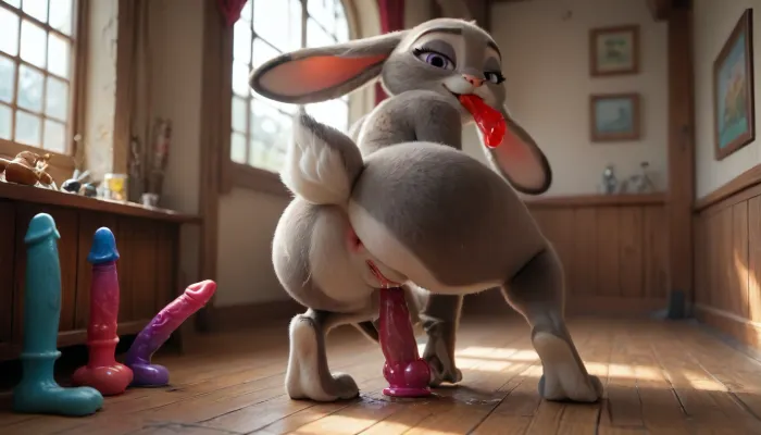 masterpiece, best quality, high resolution, hires, score_9, score_8_up, score_7_up, score_6_up, The background is a cozy house, (((Judy Hopps from Zootopia:1))), ((anthro, furry, grey fur, body fur, grey skin)), (((1girl))), tall anthropomorphic rabbit-woman, long ears, soft smiling face, ((red cheeks:1.1)), motherly and shy expression, ((massive milky soft breasts:1.1)), ((saggy boobs:1.2)), (((wide curvy hips:1.2))), soft full figure, ((thick thighs:1.2)), hourglass shape, matronly and nurturing body, standing pose, warm and inviting aura, warm colors, fantasy style, full body, high detail, cel-shaded, soft lighting, game character design, anime-inspired proportions, smooth clean linework, detailed fur, fursuit, ((clubfoot:1.2)), ((Dildo in Mouth)), (half-shot), (Face to the viewer), ((naked ass)), ((shows anus and pussy)), (((She looks at the viewer with displeasure))), (((Wet Pussy))), <lora:FursuitXL:2>, <lora:SDXLHighDetail_v6-000005:2>