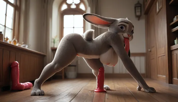 masterpiece, best quality, high resolution, hires, score_9, score_8_up, score_7_up, score_6_up, The background is a cozy house, (((Judy Hopps from Zootopia:1))), ((anthro, furry, grey fur, body fur, grey skin)), (((1girl))), tall anthropomorphic rabbit-woman, long ears, soft smiling face, ((red cheeks:1.1)), motherly and shy expression, ((massive milky soft breasts:1.1)), ((saggy boobs:1.2)), (((wide curvy hips:1.2))), soft full figure, ((thick thighs:1.2)), hourglass shape, matronly and nurturing body, standing pose, warm and inviting aura, warm colors, fantasy style, full body, high detail, cel-shaded, soft lighting, game character design, anime-inspired proportions, smooth clean linework, detailed fur, fursuit, ((clubfoot:1.2)), ((Dildo in Mouth)), (half-shot), (ass to the viewer), ((naked ass)), ((shows anus and pussy)), (((She looks at the viewer with displeasure))), (((Wet Pussy))), <lora:FursuitXL:2>, <lora:SDXLHighDetail_v6-000005:2>
