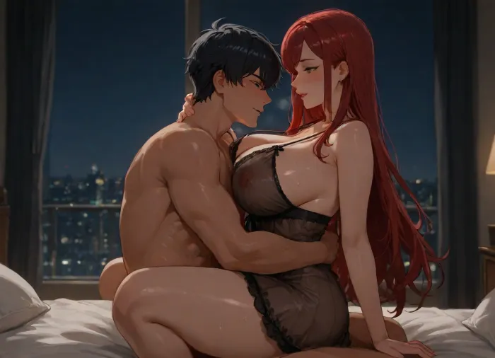 score_9, score_8_up, score_7_up, original, victoria, highres, (josei_anime_art_style:1.5), 1boy, 1girl, bed, bedroom, black_negligee, blush, breasts, dark_background, from_side, girl_on_top, green_eyes, happy_sex, hug, huge_breasts, indoors, lingerie, lips, mature_female, mole, mole_under_eye, long_hair, negligee, night, nipples, on_bed, open_mouth, red_hair, see-through_clothes, see-through_negligee, sex, smile, straddling, swept_bangs, thighs, upright_straddle, vaginal