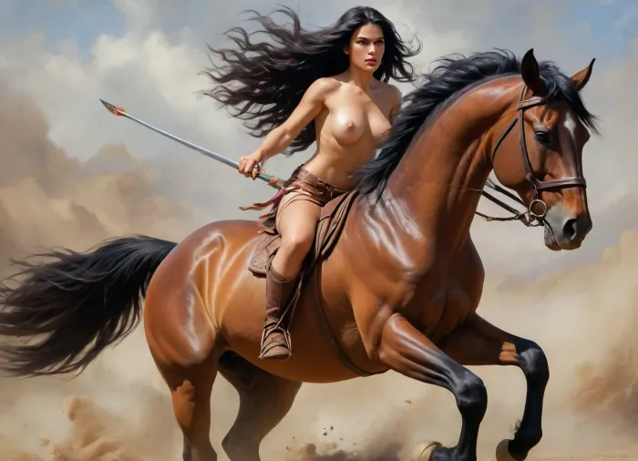 stunning, highly colorful oil painting of a fierce nude beautiful warrior woman racing on a powerful stallion. Long black hair, big tits, beautiful knight girl, Close-up action shot, thick brushstrokes, rich warm tones, dynamic composition. The horse's mane is flying, dust and wind are visible. Expressive and majestic Western art, masterpiece. shoots a bow at the viewer