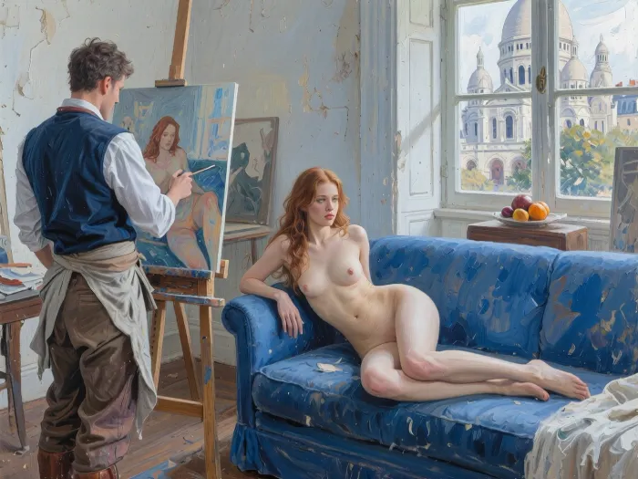 An impressionist style painting. A young woman with long auburn hair. She is posing nude for a painting, reclining on her side on a blue couch.

A painter wearing clothing in the French Bohemian style. He is standing in the left of the frame with his back to the viewer. He is painting an image of the woman on an easel in front of him.

An interior scene of an artist's studio interior in the Montmartre neighborhood of Paris. The furnishings are sparse and worn. The Sacré-Cœur Basilica is visible through the window.

An impressionist oil painting with visible brushstrokes and a focus on capturing light and atmosphere. The image features a painterly style . The texture of the canvas is visible. The color palette is rich with blues, grays, whites, and touches of warm tones in the background and on the fruit. The style is characterized by loose, painterly brush strokes, with thick impasto.

Bright, natural light streaming in from the large window on the right, illuminating the scene and creating subtle shadows. The light has a soft, diffused quality, typical of an indoor setting with daylight.

A full-body portrait of the woman, positioned slightly off-center. The scene is framed to include elements of the interior environment, creating a sense of depth. The composition feels natural and informal, capturing a moment in time. The perspective is eye-level.