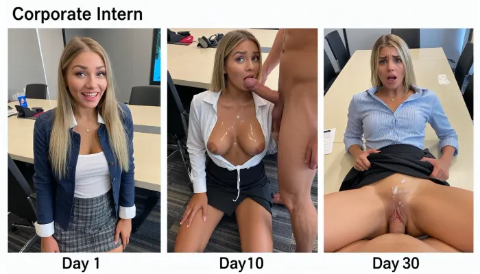 a 21 year old woman, athletic, beautiful, smooth tanned skin, long blonde hair, (Three-panel split image, clean vertical divides:1.5), corporate office conference room with a table, caption at top of picture "Corporate Intern". Left panel, Business outfit with jacket and skirt, smiling, eager expression, standing in front of table, caption below picture, "Day 1".
Middle panel, Business skirt, on her knees on the floor, blouse open and unbuttoned, big breasts, cum on face and breasts, man stands beside her naked, cock in her mouth, 3/4 body view, "Day 10".
Right panel, laying on the table, pov from the male, Business skirt pulled up above her waist, shirt unbuttoned, looking at the camera, panic expression, view of pussy, man is naked, erect cock in her ass, cum on her pussy, cum dripping out of her pussy, cum on her skirt, cum on her tits he has his fingers in her asshole "Day 30".
