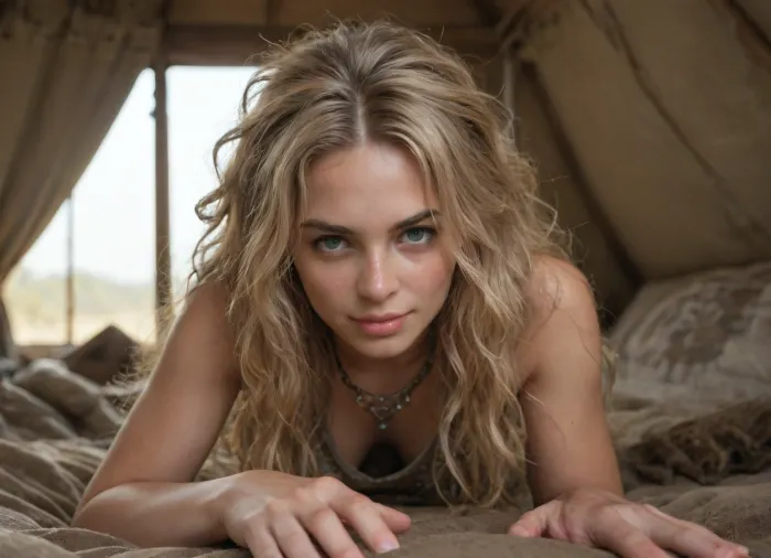 In a luxury tribal tent, pov, (beautiful blonde cavewoman), solo, she is alone in the tent, (extremely long messy hair:1.4), slender body, big green eyes, (horny look, slight smile:.9), (wearing animal skins:1.4), fully clothed, <lora:add-detail-xl:1>, <lora:sunnyrayyxo_v1_SDXLBase:.7>