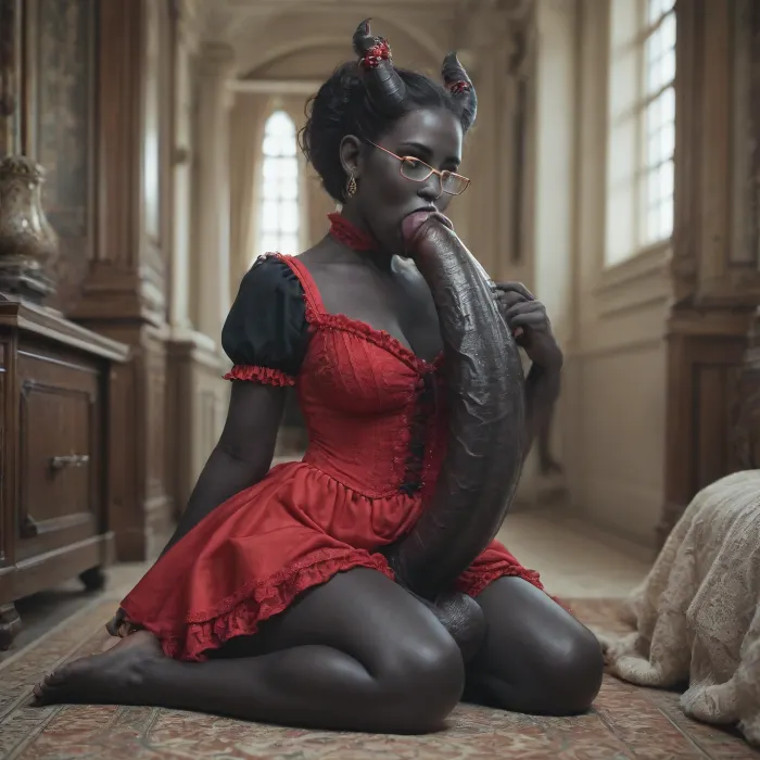 futanari self blowjob your huge penis, show full body in view, high quality fantasy art of a beautiful adorable super cute demon futanari, glowing within, delicate, kawaii, adorable, a dark demon futanari with black horns, (black skin:1.6), (beautiful face:1.1), (old milf:.8), (huge penis:1.77), glasses, holding hands by the horns, erect-futa, erect-penis, futanari, testicles, erection, throat, self blowjob, troatpie, 1futanari, on my knees, victorian, red dress, <lora:SDXLFestiveSnow:.2>, <lora:BD1.1-000009:1.1>, <lora:SDXLlora13ErFut:1.7>, <lora:victorian_dress-XL-2.0:.8>