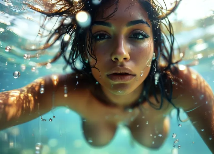 Naked Indian Bimbo is diving, view from below, (((tits visible))), fully submerged, water reflections on her wet and oily skin, many small oxygen bubbles, underwater, eyes closed, underboob, (lens flare effect), score_9, score_8_up, score_7_up, score_6_up, <lora:MJ52:1.2>, <lora:Nipples XL:.5>, <lora:attractive_notrigger:.1>, <lora:style_lora_realis:.8>, <lora:Midjourney Image Enhancer XL v1:.8>