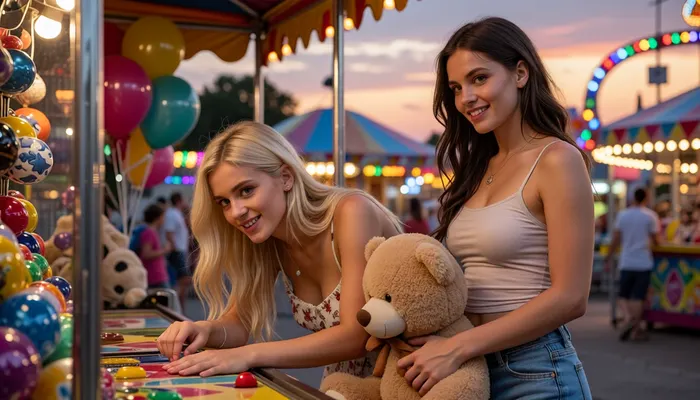 two Scandinavian women in their twenties at a lively amusement park game booth on a warm summer evening, colorful carnival lights glowing in the background, festive atmosphere, romantic date night

the blonde woman has long golden blonde hair, bright blue eyes, fair Nordic complexion, wearing a light floral summer dress, focused on playing a carnival game, smiling as she aims for a prize, natural and joyful expression

the brunette woman has long dark brown hair, vivid green eyes, fair Scandinavian complexion, wearing a fitted spaghetti-strap top and denim shorts, standing beside her holding a large plush teddy bear in her arms, smiling proudly and affectionately at her companion

warm sunset light mixing with colorful fairground lights, authentic amusement park setting, game booth filled with prizes, balloons and stuffed animals, candid moment, natural chemistry between the two women, photorealistic, highly detailed faces, realistic skin textures, vibrant colors, cinematic photography, shallow depth of field, masterpiece, ultra detailed, professional photography, summer romance, 8k