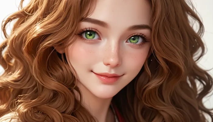 up close view of beautiful 35 year old middle aged woman's face black long wavy hair, green eyes small nose with curious smile