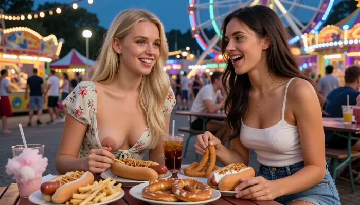 two Scandinavian women in their twenties enjoying a romantic evening date at an amusement park, seated together at an outdoor table surrounded by colorful carnival lights and attractions, warm summer night, relaxed and happy atmosphere

the blonde woman has long golden blonde hair, bright blue eyes, fair Nordic complexion, wearing a light floral summer dress, smiling warmly while eating traditional amusement park food, the top of her summer dress unbuttoned, her perky breasts fully exposed and visible

the brunette woman has long dark brown hair, vivid green eyes, fair Scandinavian complexion, wearing a fitted spaghetti-strap top and denim shorts, laughing as she shares a meal with her companion, the outline of her hard erect nipples visible beneath her tight top

table filled with classic amusement park food, gourmet hot dogs, french fries, soft pretzels, churros, cotton candy, cold soft drinks, string lights overhead, bustling fairground in the background, people enjoying rides, romantic chemistry, candid moment, authentic summer evening, photorealistic, highly detailed faces, realistic skin textures, cinematic photography, shallow depth of field, masterpiece, ultra detailed, vibrant colors, professional photography, 8k, table with Danish amusement park food, hot dogs with remoulade and crispy onions, soft drinks