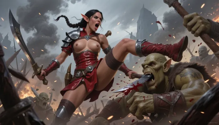Oil painting style, Greg Rutkowski inspired, ethereal, cinematic lighting, hyper-realistic, 8k resolution, intricate detail, high fantasy, "Lord of the Rings" aesthetic. A cinematic wide shot of a beautiful elvish princess in ranger armor fighting her way through giant orcs with halberds while she is wielding two mithril scimitars, amid a battlefield with smoke and magical sparks, epic scale.

a beautiful young elf princess, SamDoesArt2, passionate, yelling a war cry, petite, (dark haired skinny female elf:1.3), very beautiful face, dark tan skin, french braid, very small breasts, stiff nipples, red leather ranger armor, red leather bodice, elf ears, jumping high through the air, she kicks an orc in the skull. She stabs an ogre through the skull. She slices another orc's arm off. Blood sprays everywhere, low POV looking up