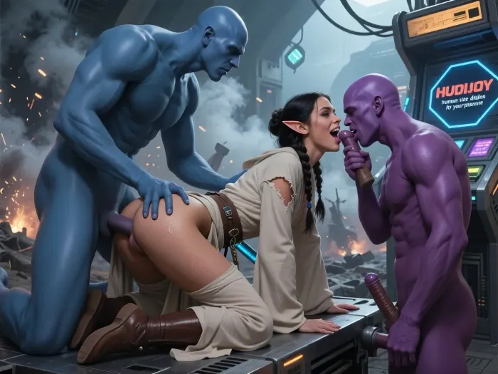 Oil painting style, Greg Rutkowski inspired, ethereal, cinematic lighting, hyper-realistic, 8k resolution, intricate detail, high fantasy, "The Empire Strikes Back" aesthetic. A cinematic wide shot of a beautiful elvish jedi in very light robe, on all fours on a steel platform, she is having sex with a giant bald naked purple human and a giant bald naked blue human, amid a battlefield with smoke and high tech sparks, epic scale.

The blue human is standing behind her, pushes his penis in her pussy, steadying her ass with his hand and spreading her pussy lips wide to position his penis head to penetrate her cunt deeply. The purple human stands in front of her, he pushes his erect penis into her mouth as she gets ready to swallow the penis. A beautiful young jedi, SamDoesArt2, passionate, petite, (dark haired skinny female elf:1.3), very beautiful face, dark tan skin, french braid, very small breasts, stiff nipples, nipples exposed, torn robes, pussy exposed, belt with lightsaber hanging from it, elf ears, view from the side and back, seeing her pussy get penetrated, focus on penis penetrating pussy, she smiles and blushes as she has an orgasm in spite of the dire circumstances, focus on squirting pussy and beautiful pussy lips, she is really having a good time.

On the side is a futuristic slot machine that reads in angular print, "HUDIJOY, human size dildos for your pleasure"