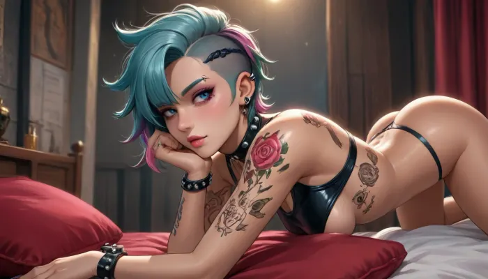 noelle from genshin impact dross style, reiq style, (punk girl, tattoos, piercings:1.5), dynamic pose, side view, bedroom background