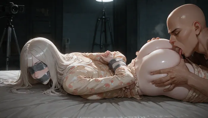 (Realistic Reiq style:.5), (pale skin:1.2), in a dark basement on a mattress, (skinny woman), (lying prone:1.2), small tits, (pajamas), (hands tied behind her back with duct tape), (she has duct tape gag over her mouth and eyes), duct tape over the woman's eyes, BREAK, (old wild bald brutal man), tall, muscular white man, (((he is spreading her ass cheeks and licking her asshole:1.4))), (cunnilingus), illuminate, creating dramatic chiaroscuro effects, film studio lighting, aggressive, side view, ruined mascara, tripod camera