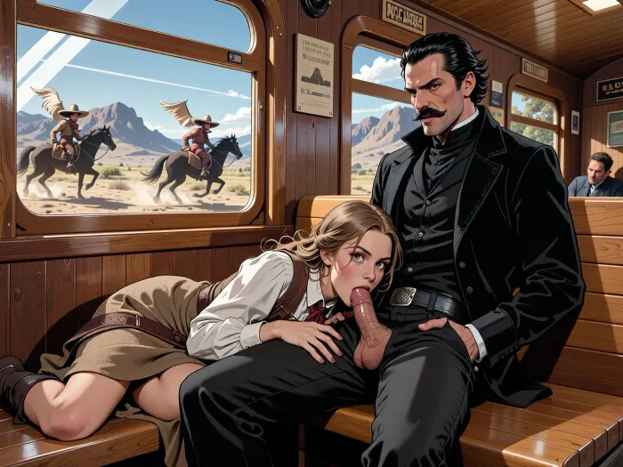 A young woman, dressed in 1860's frontier style, travelling inside the carriage of steam train moving through the American Wild West. The carriage is basic, polished wooden benches, polished wooden walls and ceiling. A sinister man, dressed completely in black, with waxed moustache is seated next to her. His trousers are open and his erect penis is visible, the young woman is lying facedown on the bench, head in his lap, sucking his cock, deepthroat, eyes wide. Only Mountain scenery and unarmed waving Mexican bandits on horses are visible through the windows as we speed by.

stylised manga‑inspired illustration, elongated proportions, expressive eyes, graceful movement, dramatic but stylised lighting, moody elegance, emotional ambience

clean controlled linework, soft cel‑shading blended with subtle gradients, Ben‑Day dots, halftone print texture, flat colour fields, limited CMYK palette, thick ink outlines, retro offset printing, slight colour misalignment, dynamic low‑angle composition, crisp midday sunlight, diagonal motion lines, cinematic framing, retro comic panel energy