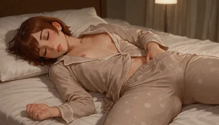 photorealistic, woman, brown short hair, round plain face, freckles, flat chest, short, erect nipples, (unbuttoned grey pajamas), (bare nipple visible), lying on bed covers, (hand in pants:1.3), (drenched pants), (trembling legs:1.1), sleeping, (after orgasm)