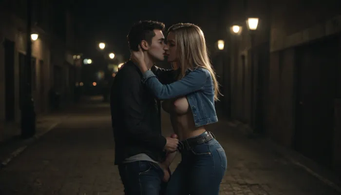 couple, 25 years, male and female, sexy, both wearing denim jacket blue intense with long sleeves and long tight jeans with belt, kiss and handjob, female tits visible, male penis visible, female very long blonde silky hair with long extensions, male short redhair, women grab male penis and masturbate, night-time, dark, streetlights, nightime, moonlight, <lora:looking_at_viewer:.8>, <lora:dark:.8>