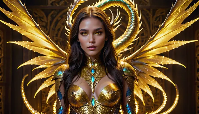 Beautiful bionic tattooed neon iridescent golden- long haired neon iridescent yellow-eyed dragonid girl in little body, posing, dragonscales, <lora:sexmachine_XL_0_:.5>, mstltmrc, <lora:mstltmrc:.8>