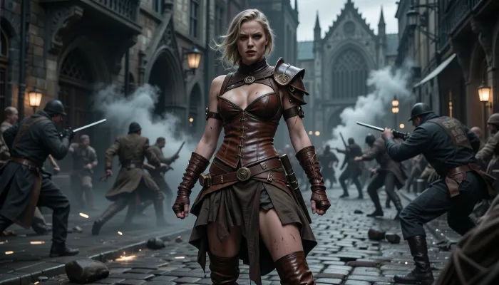 Adult Danish female steampunk street brawler, full-body character concept art, standing alone as the central figure in a Victorian gothic riot scene, brown leather corset, layered skirt, brown leather boots, lined handwraps, brown leather shoulder and neck armor, no weapons, only fists, gritty Scandinavian features, strong athletic build, determined expression, cobblestone street, gothic buildings, smoke, steam, civilians fighting city enforcers in the background, cinematic dark fantasy lighting, detailed leather and fabric, realistic proportions, dramatic pose, high detail, sharp focus