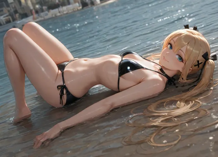 solo, full body view, skinny and tall, (lying on her back, in the water:1.5), detailed eyes, (latex bikini:1.3), choker, (The person in the picture looks like Marie_Rose from DoA:1.5), (45kg), (black ribbon hair accessories), (Dead or Alive), (maria_rose), (Long golden twin tails), very pale porcelain skin, blonde_hair styled in long_twintails.super waist, (Flawless feet), (bedroom eyes:1.5), (Dainty mouth:1), (E cup:1.3), (Charming smile:1.4), (Attractive figure:1)