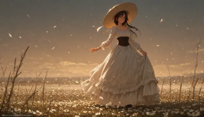 wide, cinematic shot, tall woman with small breasts, wearing a fancy long victorian dress in an endless sea of flowers. she wears glasses, a corset, a big fancy hat, her breasts are exposed, has dark hair. the wind is blowing lightly, petals, she is very happy, twirling her dress. she carries a fancy victorian umbrella. her full body is in view