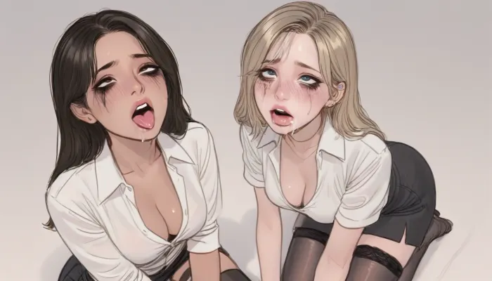 (2 womans 20 years old kneeling on row, tan skin, solo, kneeling, drooling, blush on face, slutty makeup, lipstick, focus on face, ahegao, white shirt, cleavage, black skirt, stockings, ratatatat74, <lora:ratatatat74-000050:1.5>, <lora:outline_xl_kohaku_delta_spv5x:2>, <lora:cartoon_stickers_xl_v1:.8>)
