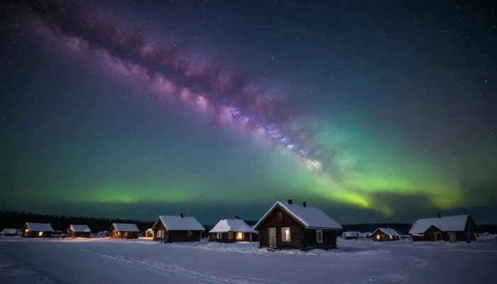 Russian villages under the snow at night, the Milky Way, Northern Lights, and stars in the dark sky