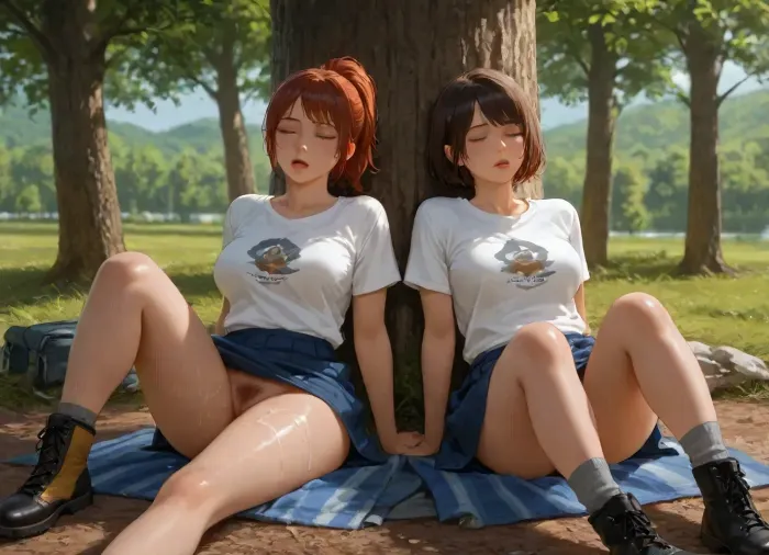 photorealistic, two women, ponytail, short hair, t-shirt, skirt pulled up, trekking boots, long Grey socks, near a lake, on blanket, (drenched blanket), (pubic hair:1.5), towel, (after orgasm), (cum on thighs), mouth open, tired, eyes closed, hands behind, feet Apart, (sitting on ground against a tree:1.4)