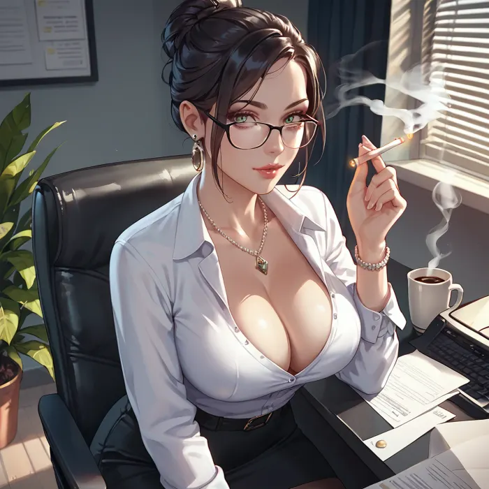 Woman with dark hair, tight bun, sat at a desk, office background, large breasts, necklace with a long pendant, office attire, glasses, deep cleavage, no nudity, chest up view, smoking cigarette, coffee from a paper cup, zoom meeting