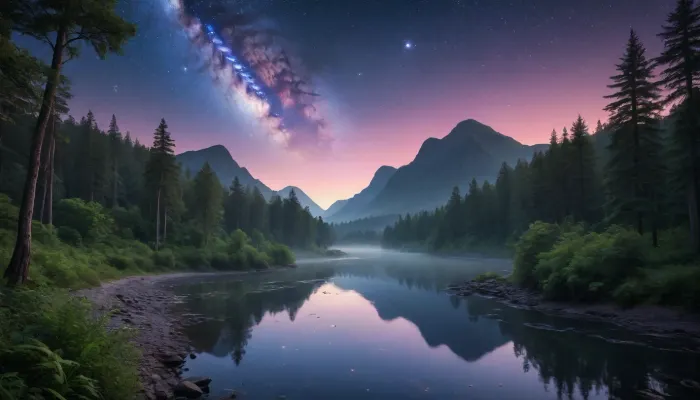 Full color image, 8K resolution, the sky is filled with cool colors, cool gas giant planets, and strange jungles, Create a serene and enchanting scene of a romantic landscape at dusk, with a meandering river that flows gently through the heart of the forest. The night sky above is a deep shade of indigo, adorned with a tapestry of twinkling stars that shine brightly like diamonds against the dark canvas. The forest, lush and vibrant, is dotted with tiny spots of soft, warm light, as if fireflies or string lights are scattered throughout the trees, casting a magical glow across the landscape. The atmosphere is peaceful and tranquil, with a sense of wonder and romance that fills the air, inviting the viewer to step into this idyllic world and get lost in its beauty.， Strange alien landscapes, unique Milky Way river nebulae, strange animals, space vehicles, flying spacecraft