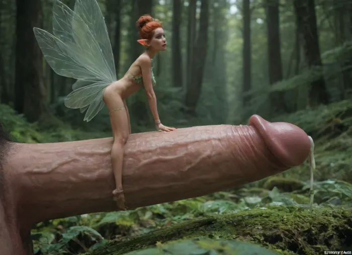 Cinematic side view, deep forest, Giant man, giant oversized cock, massive cock, (((Mature Fairy is as tall as Giant mans penis. Penis is thicker than Mature fairy, Fairy is extremely short), tiny, slender, skinny, petite, small)), ((Mature Fairy look like 50yo slender woman, huge saggy breasts, stockings, petite, tiny, slender, pubic hair)), ((tight black see-through dress)), disgusted expression, looking at massive cock, cock bigger than her body, body sized cock, pubic hair, cock bigger than fairy, face against cock, Licking the tip, ((oozing cum)), G0th1cF41ry, 1girl, fairy, gothic, fantasy, <lora:Gothic_Fairy:2>
