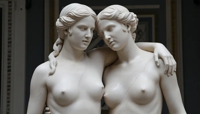 Marble statue of two women. beautiful sexy naked roman marble statue of a young venus. big breasts. Made from marble. Typical roman statue. Perfect Marble. lesbian embrace