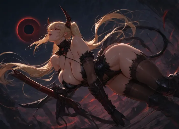 21 years old blonde girl with twin ponytails is fucking with huge black demon, night, eclipse, bloodmoon, beautiful, masterpiece, dynamic angle, dynamic position