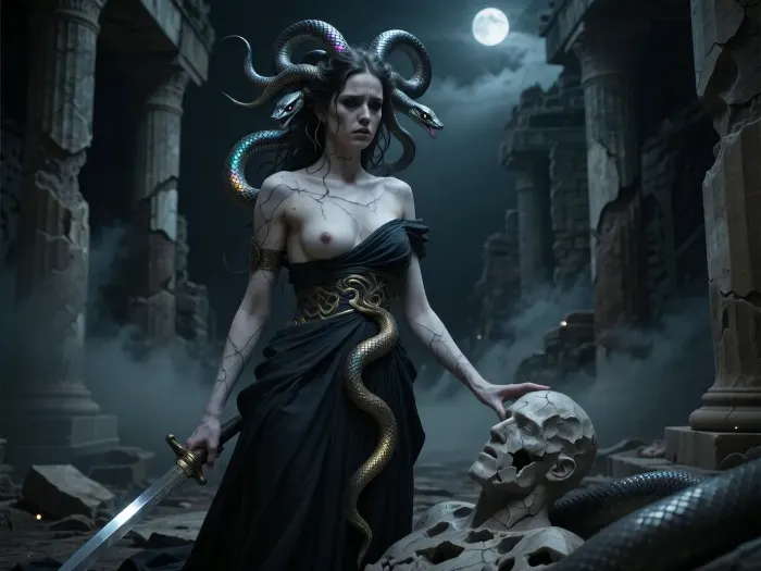 Medusa Gorgon, ancient cursed woman of immense power and unbearable tragedy, pale cracked marble-like skin with subtle veins and faint ancient scars, living writhing snake hair with highly detailed iridescent scales, multiple realistic snake heads hissing in restless sorrow and aggression, hypnotic deep piercing eyes filled with centuries of pain, loneliness and quiet despair, gaze full of ancient sorrow and reluctant lethality looking directly at viewer, deeply melancholic and tragic expression, elegant but tattered ancient Greek dark gown with faded gold serpent motifs, standing among heavily ruined and decaying marble columns of her long-abandoned temple at night. She has just petrified yet another intruder who came to slay her — his broken stone statue lies at her feet, sword still in hand. Heavy oppressive mist and thick shadows surround her, cold pale moonlight barely piercing the darkness, eerie faint glow from the snakes' eyes, atmosphere of eternal curse, profound loneliness, endless suffering and tragic beauty, powerful yet broken and weary goddess, ultra detailed snake scales and cracked marble skin texture, masterpiece, best quality, 8k, photorealistic with dark artistic rendering, intricate details, sharp focus, cinematic chiaroscuro, moody and desolate, standing alone in complete desolation, one hand gently touching the shattered stone face of the petrified hero as if remembering something lost long ago, expression of profound ancient grief and resignation, heavy fog swallowing the ruins, feeling of centuries of solitude and betrayal