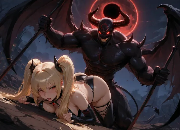 21 years old blonde girl with twin ponytails is fucking with huge black demon, night, eclipse, bloodmoon, beautiful, masterpiece, dynamic angle, dynamic position