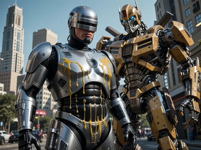Robocop fuck wall-e and transformers in city, many ellow olil drip