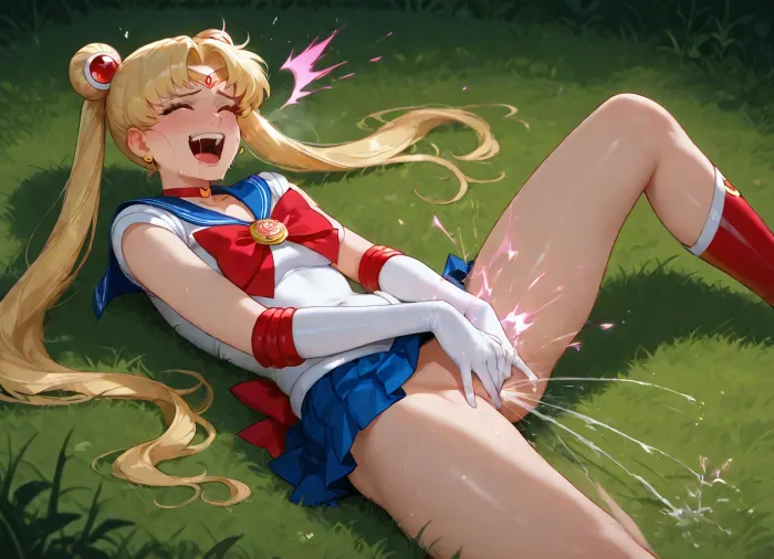 (anime), (sailor moon), costume, no panties, on grass, meadow, masturbating, drooling, screaming, happy, smiling, dynamic, (squirting magic sparks)